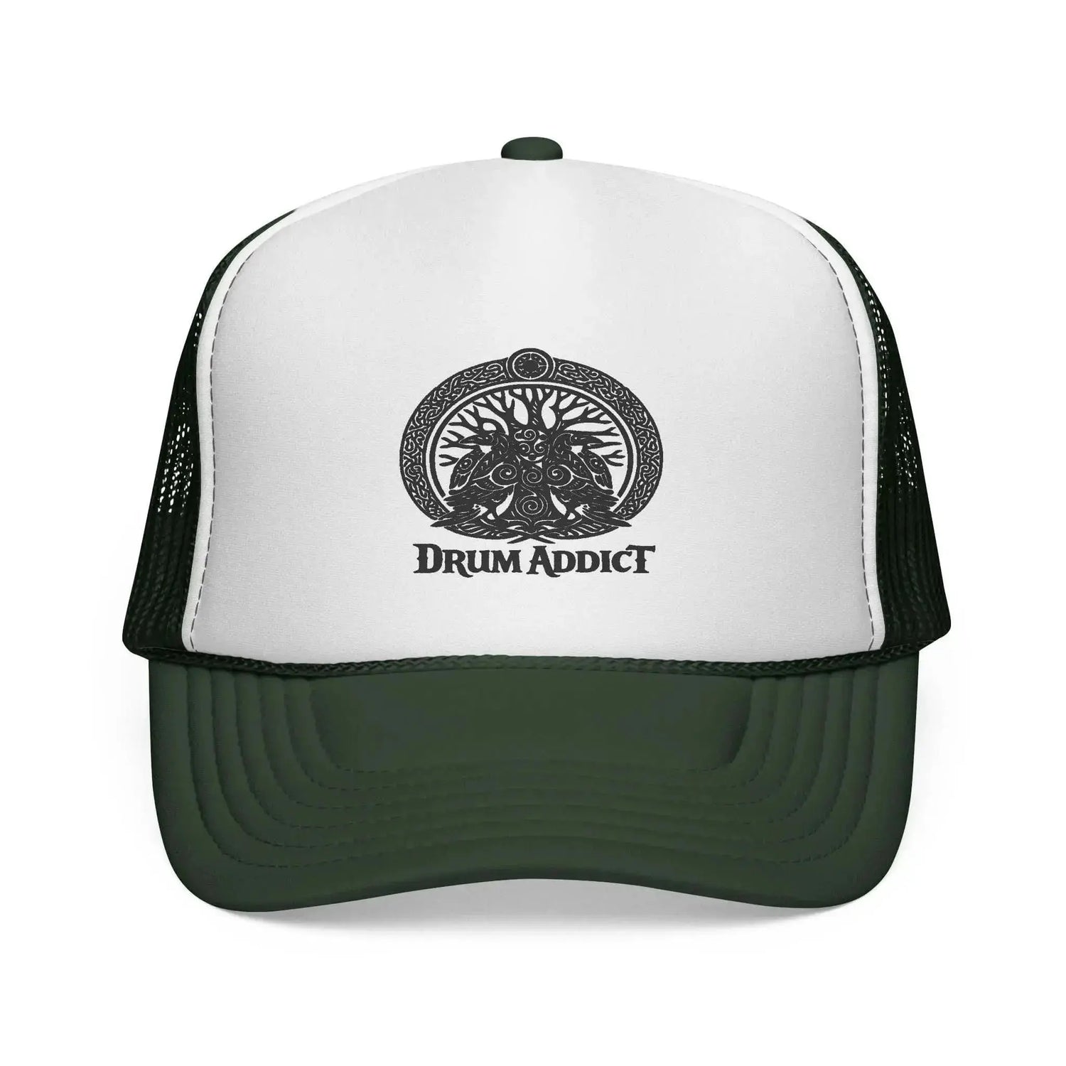 Black Drum Addict Apparel trucker cap featuring the Drum Addict logo, crafted by Yggdrasils Wood, with adjustable mesh back.