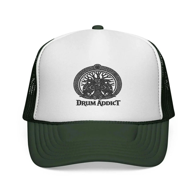 Black Drum Addict Apparel trucker cap featuring the Drum Addict logo, crafted by Yggdrasils Wood, with adjustable mesh back.