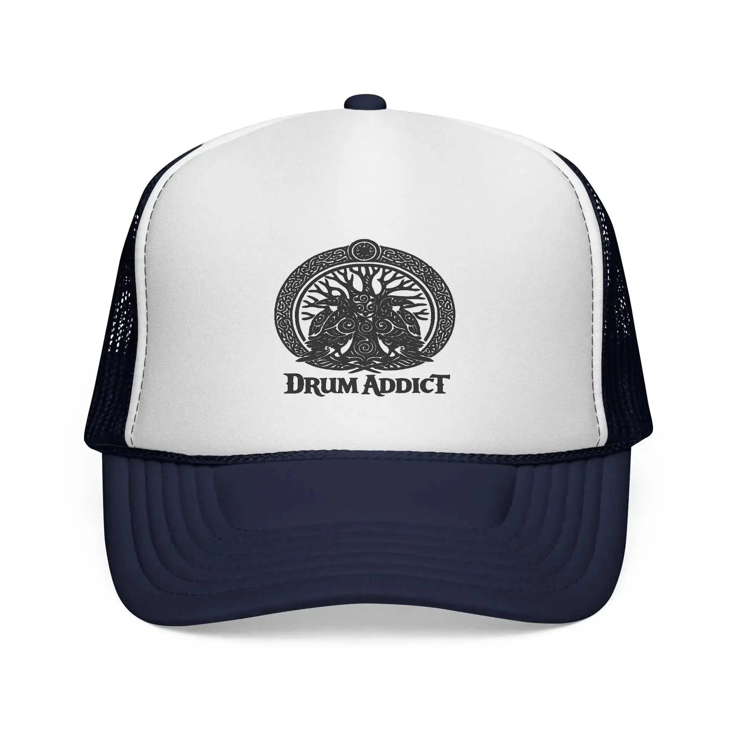 Black Drum Addict Logo Trucker Cap by Drum Addict Apparel with Yggdrasils Wood branding and adjustable mesh back.