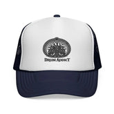 Black Drum Addict Logo Trucker Cap by Drum Addict Apparel with Yggdrasils Wood branding and adjustable mesh back.