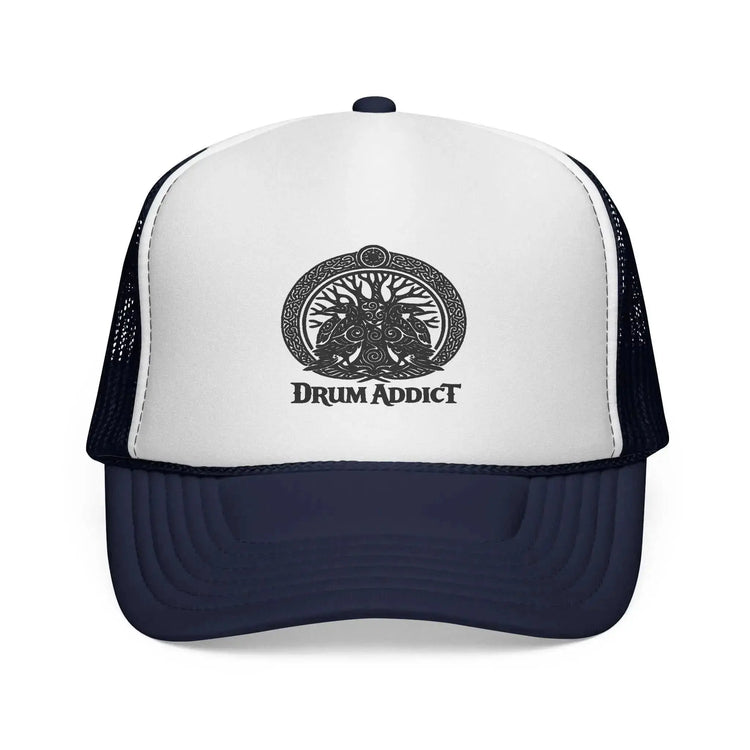Black Drum Addict Logo Trucker Cap by Drum Addict Apparel with Yggdrasils Wood branding and adjustable mesh back.