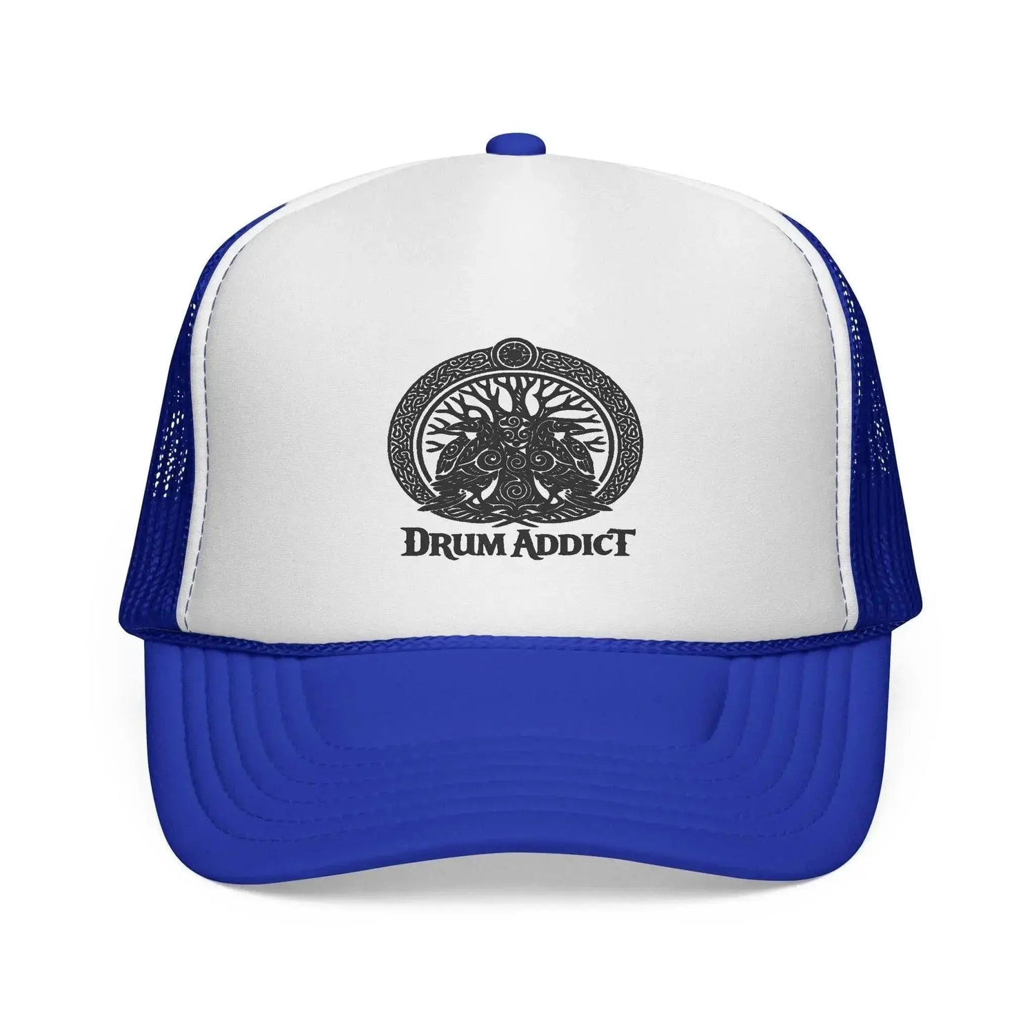 Black Drum Addict Logo Trucker Cap by Drum Addict Apparel featuring a bold drum-themed logo on the front.