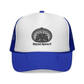 Black Drum Addict Logo Trucker Cap by Drum Addict Apparel featuring a bold drum-themed logo on the front.