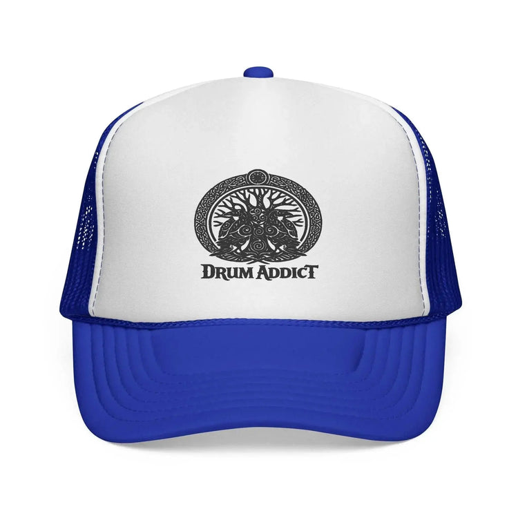 Black Drum Addict Logo Trucker Cap by Drum Addict Apparel featuring a bold drum-themed logo on the front.
