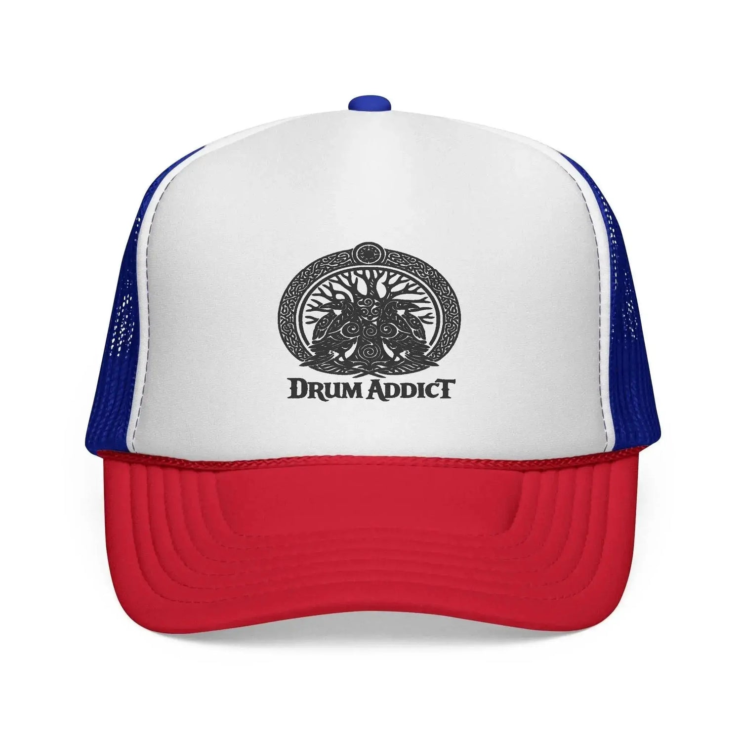 Black Drum Addict Logo Trucker Cap by Drum Addict Apparel with adjustable snapback and embroidered drum motif.