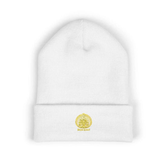 Black embroidered gold sun classic cuffed beanie by Drum Addict Apparel, featuring a stylish sun design and cozy knit fabric.