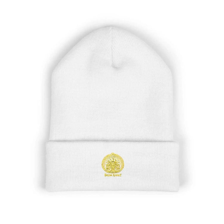 Black embroidered gold sun classic cuffed beanie by Drum Addict Apparel, featuring a stylish sun design and cozy knit fabric.