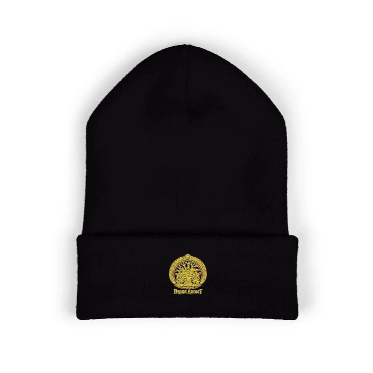 Black embroidered gold sun classic cuffed beanie by Drum Addict Apparel with sun design and cozy knit texture.
