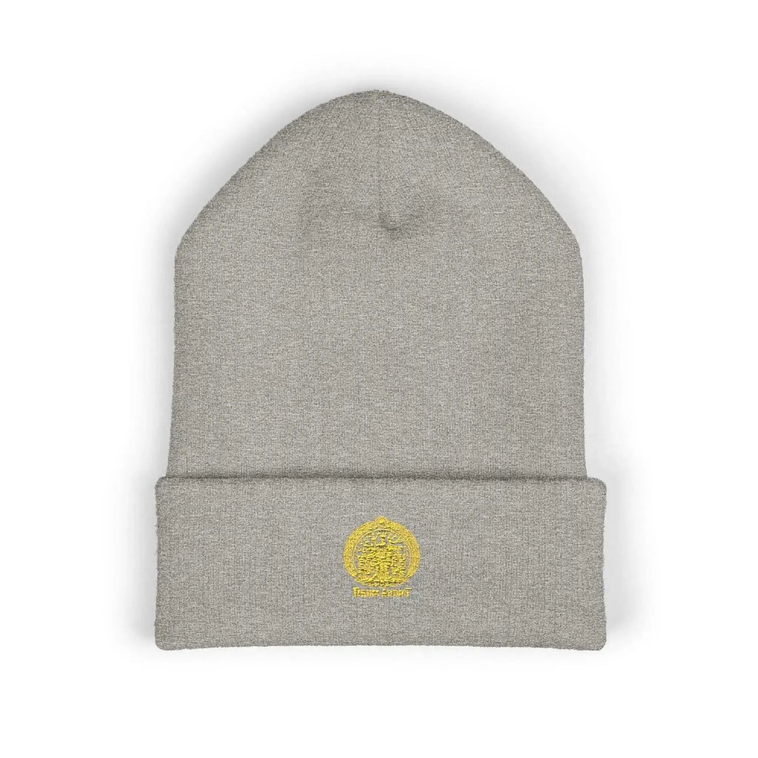 Black embroidered gold sun classic cuffed beanie by Drum Addict Apparel, featuring detailed sun embroidery and a comfortable fit.