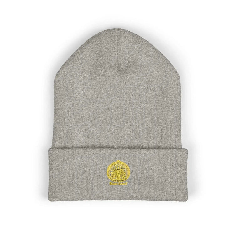 Black embroidered gold sun classic cuffed beanie by Drum Addict Apparel, featuring detailed sun embroidery and a comfortable fit.