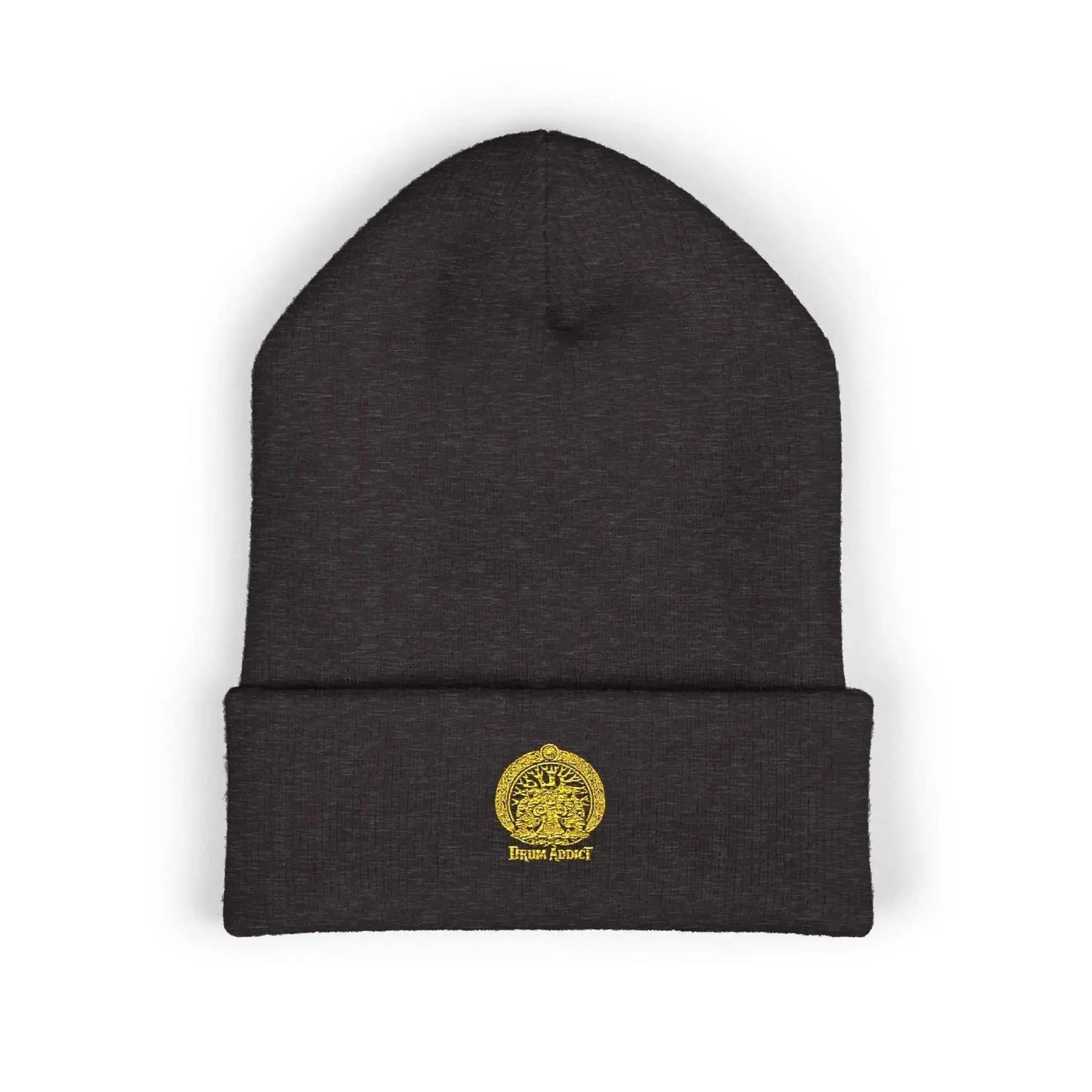 Black embroidered gold sun classic cuffed beanie by Drum Addict Apparel, featuring sun motif and cozy knit fabric.