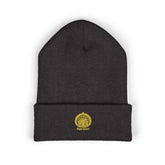 Black embroidered gold sun classic cuffed beanie by Drum Addict Apparel, featuring sun motif and cozy knit fabric.