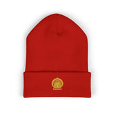 Black embroidered gold sun classic cuffed beanie by Drum Addict Apparel with Yggdrasils Wood branding.