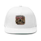 Black flat bill cap from Drum Addict Apparel by Yggdrasils Wood with detailed embroidery, stylish and casual headwear.