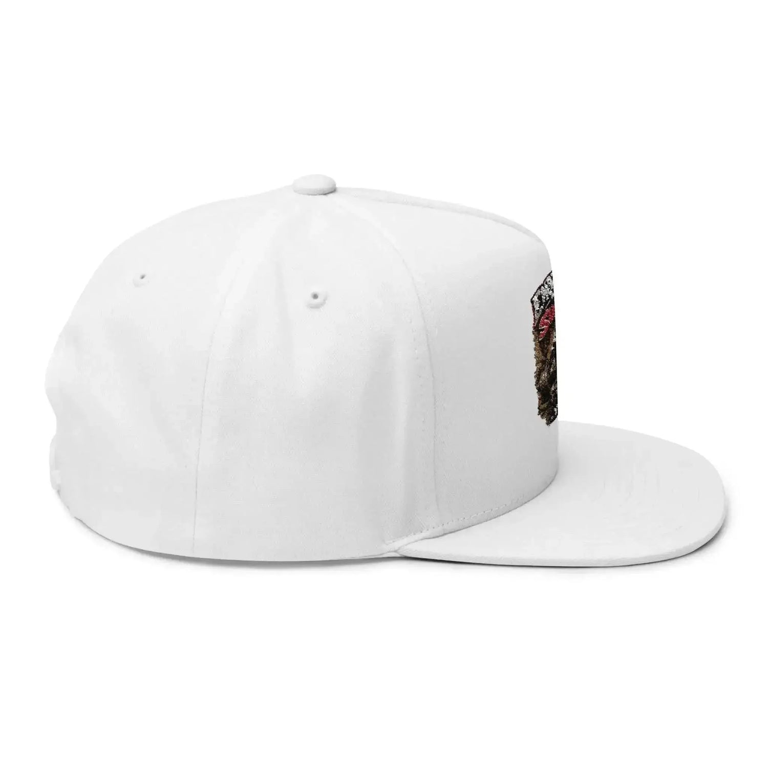 Black flat bill cap with embroidery from Drum Addict Apparel by Yggdrasils Wood, featuring a structured design and detailed stitching.