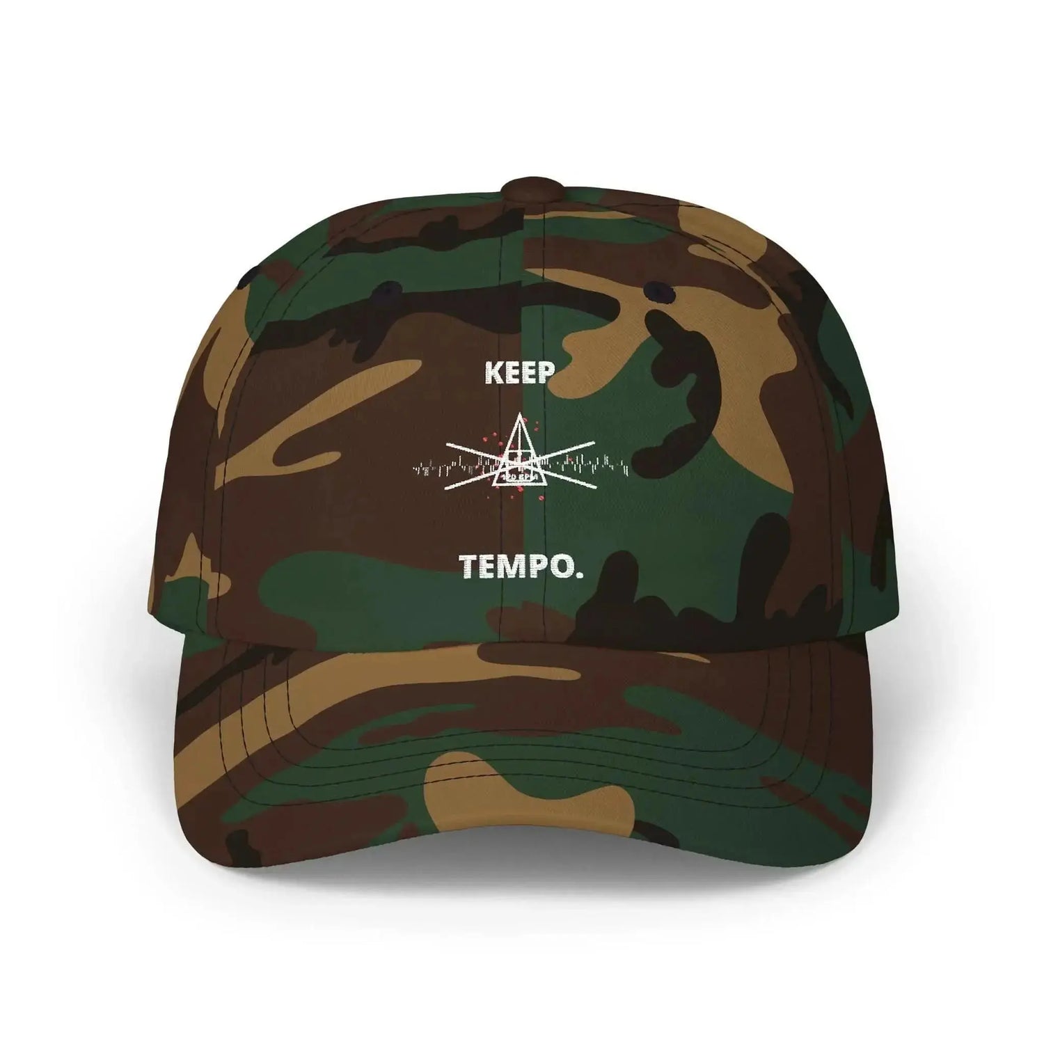 Black military camouflage baseball hat by Drum Addict Apparel, featuring a structured brim and adjustable strap.