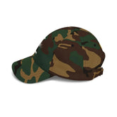 Black military camouflage baseball hat by Drum Addict Apparel, featuring adjustable strap and classic camouflage pattern.