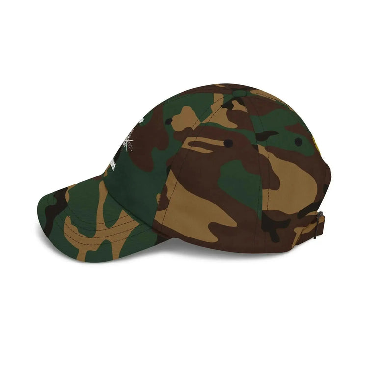 Black military camouflage baseball hat by Drum Addict Apparel, featuring adjustable strap and classic camouflage pattern.