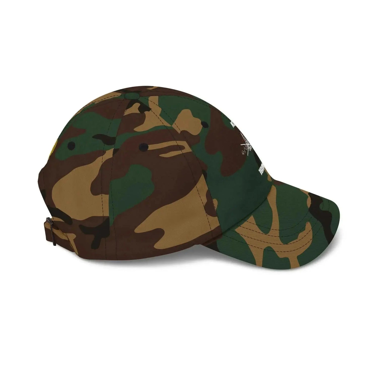 Black military camouflage baseball hat by Drum Addict Apparel, featuring a classic camo pattern and adjustable brim.