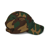 Black military camouflage baseball hat by Drum Addict Apparel, featuring a classic camo pattern and adjustable brim.