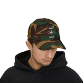 Black military camouflage baseball hat by Drum Addict Apparel with adjustable strap and branded logo.