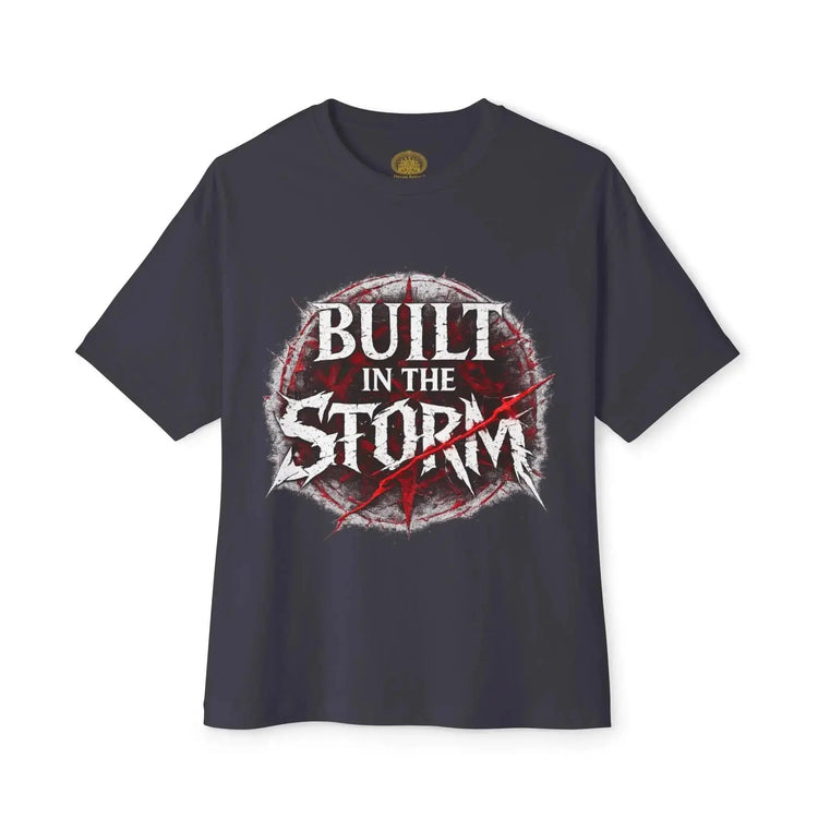 Black Built in the Storm T-Shirt by Drum Addict Apparel featuring an inspirational graphic design, casual fit, and short sleeves.