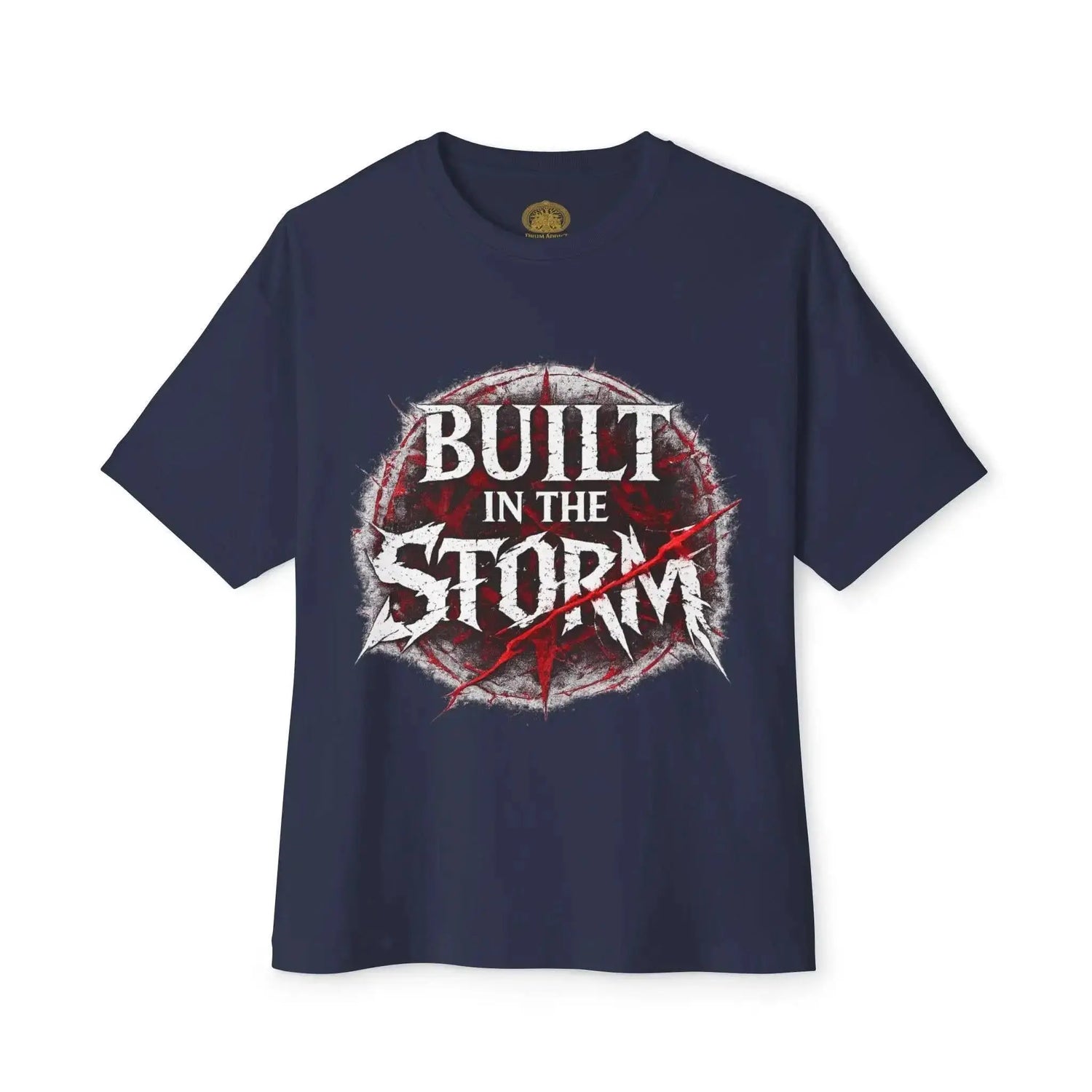 Black Built in the Storm T-Shirt by Drum Addict Apparel featuring an inspirational graphic design.