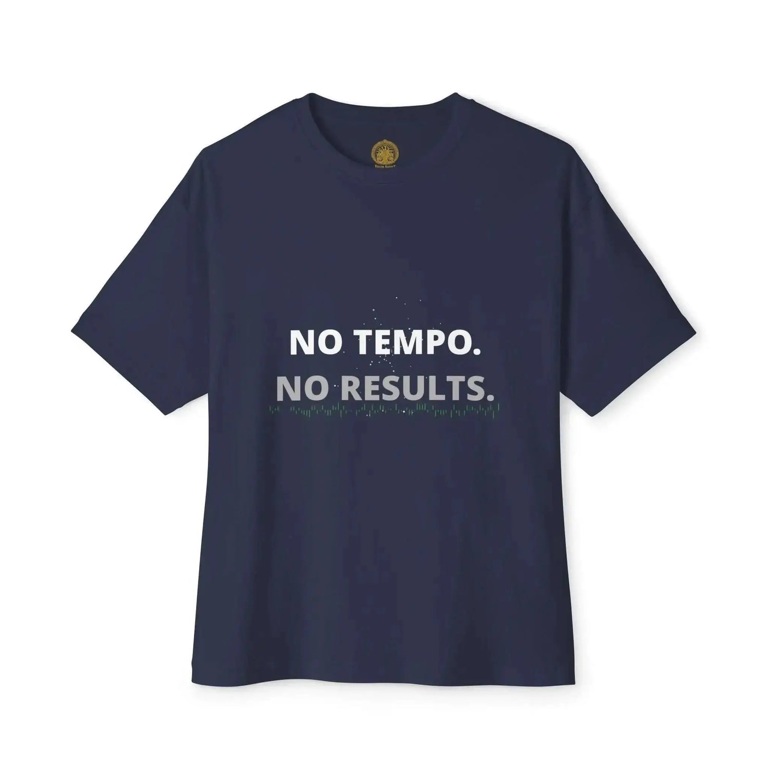 Black No Tempo No Results T-Shirt by Drum Addict Apparel featuring bold text design, made from comfortable fabric, available in XS.