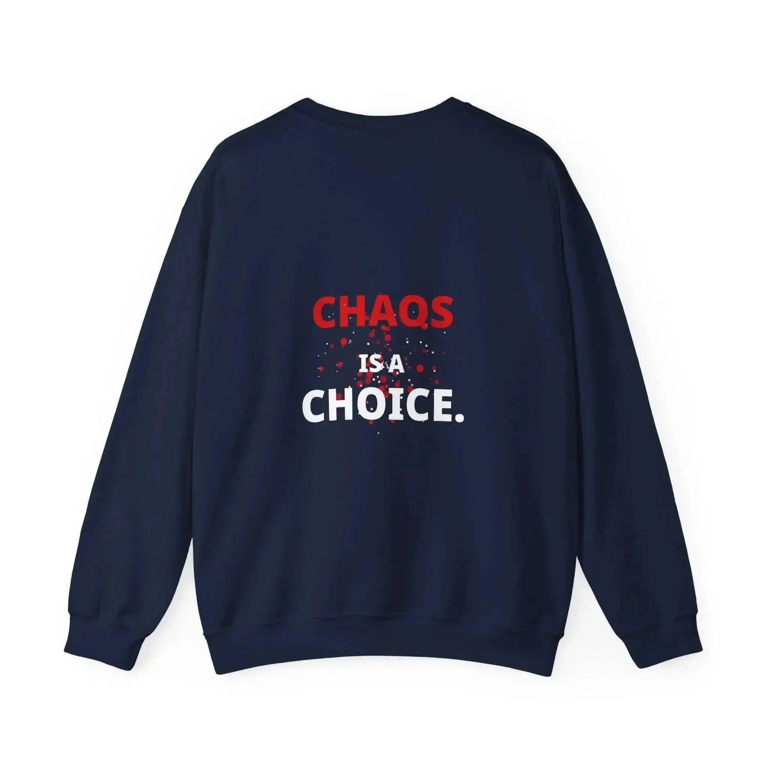 Dark heather crewneck sweatshirt by Drum Addict Apparel featuring the "Chaos Is A Choice" design, made by Yggdrasils Wood.