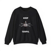 Dark heather crewneck sweatshirt by Drum Addict Apparel featuring "Chaos is a Choice" design, comfortable casual wear.