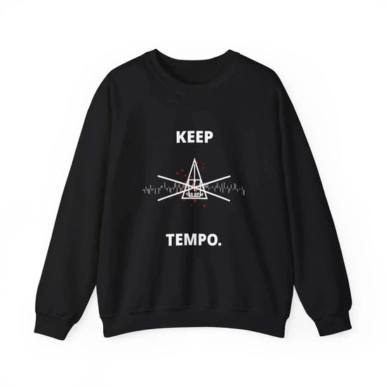 Dark heather crewneck sweatshirt by Drum Addict Apparel featuring "Chaos is a Choice" design, comfortable casual wear.