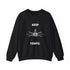 Dark heather crewneck sweatshirt by Drum Addict Apparel featuring "Chaos is a Choice" design, comfortable casual wear.
