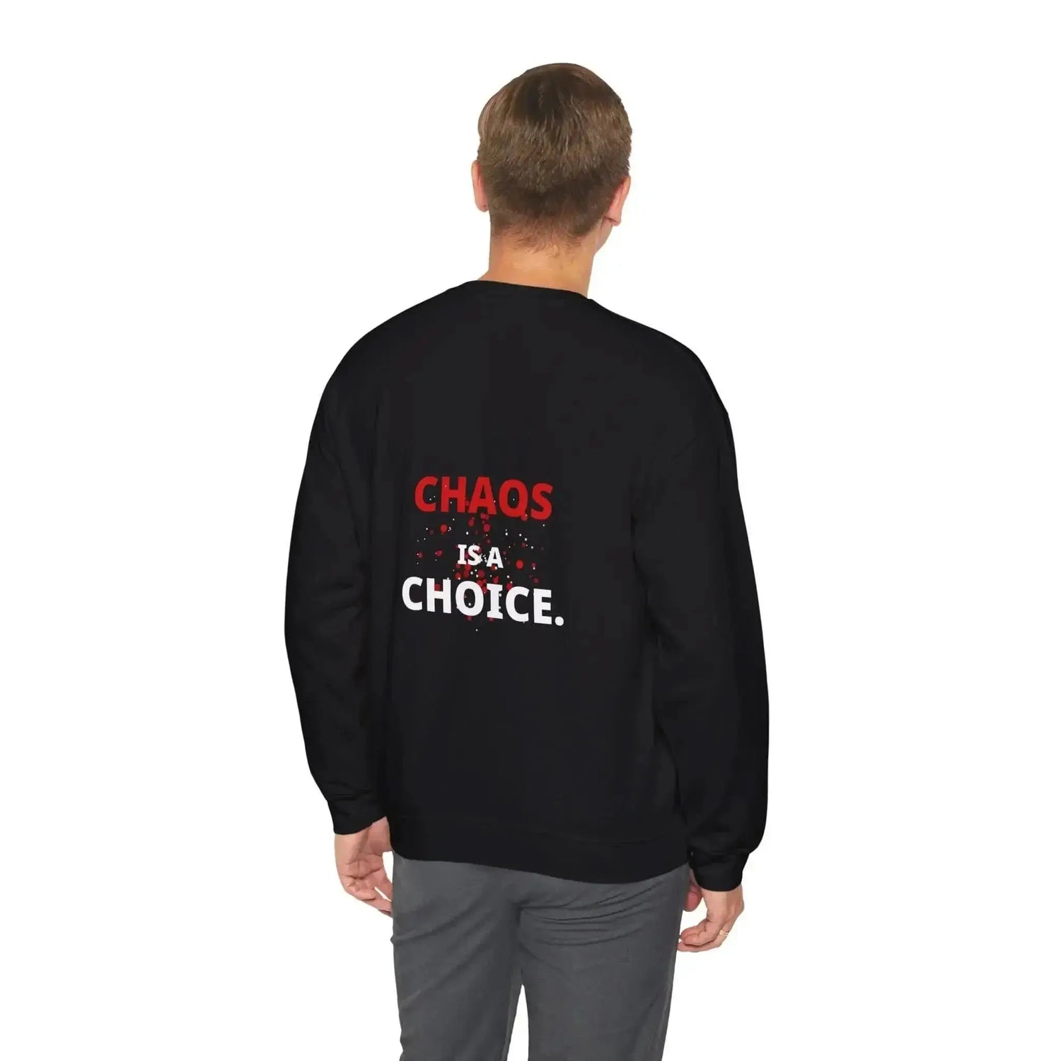 Dark heather crewneck sweatshirt from Drum Addict Apparel by Yggdrasils Wood featuring "Chaos is a Choice" graphic design.