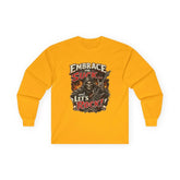 Long sleeve drummer shirt by Drum Addict Apparel with drum-themed design, featuring comfortable fit and stylish print.