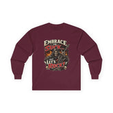 Drummer Long Sleeve Shirt by Drum Addict Apparel, featuring a comfortable fit and drum-themed design, worn by a person.