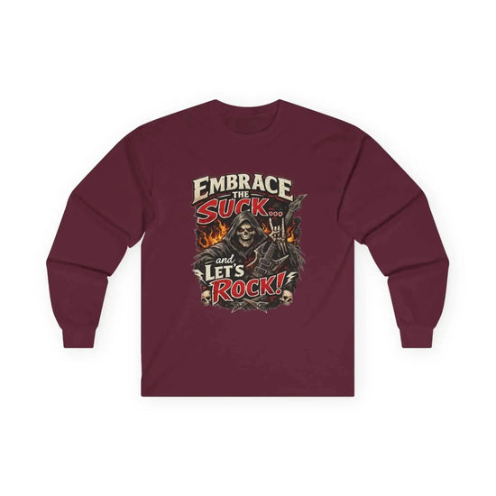Drummer Long Sleeve Shirt by Drum Addict Apparel, featuring a comfortable fit and drum-themed design, worn by a person.