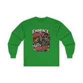 Drummer Long Sleeve Shirt by Drum Addict Apparel featuring a stylish drum-themed design on a comfortable long sleeve shirt.