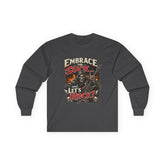 Long sleeve drummer shirt by Drum Addict Apparel featuring a drummer design, made by Yggdrasils Wood.