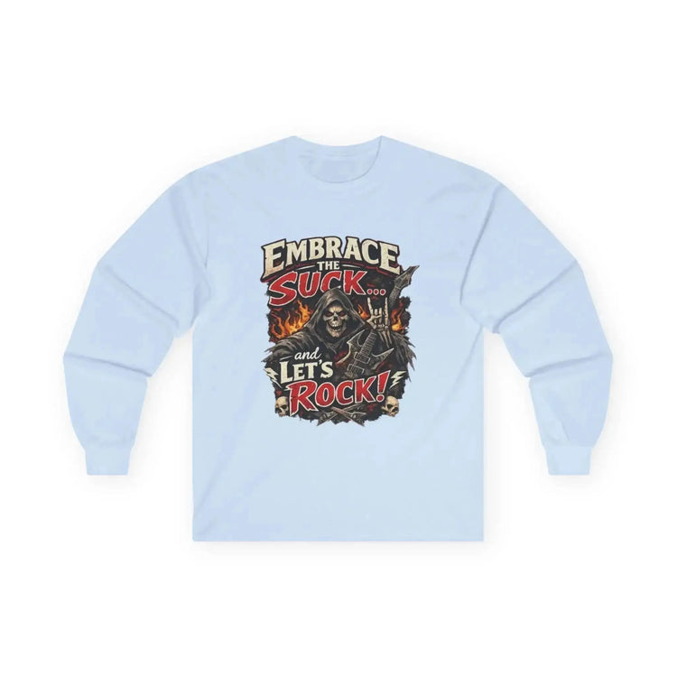 Drummer Long Sleeve Shirt by Drum Addict Apparel featuring a musical drummer design on a comfortable long sleeve shirt.