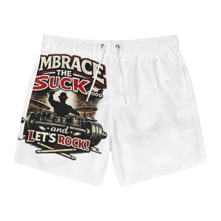 Motivational weightlifting swim shorts by Drum Addict Apparel with bold print, designed for active wear and gym-inspired style.