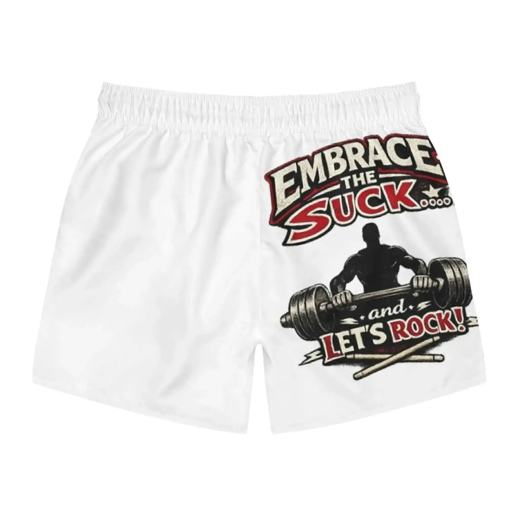 Motivational weightlifting swim shorts by Drum Addict Apparel featuring bold design and comfortable fit for active water sports.