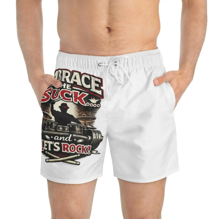 Motivational weightlifting swim shorts by Drum Addict Apparel featuring bold design and comfortable fit for active swimming and workouts.