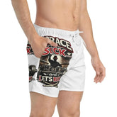 Motivational weightlifting swim shorts by Drum Addict Apparel featuring bold print, athletic fit, and vibrant colors for active wear.