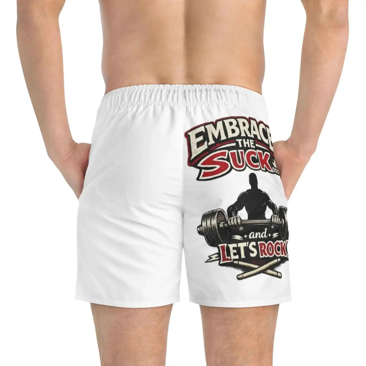 Motivational weightlifting swim shorts by Drum Addict Apparel featuring bold print and comfortable fit, designed for active swimming.