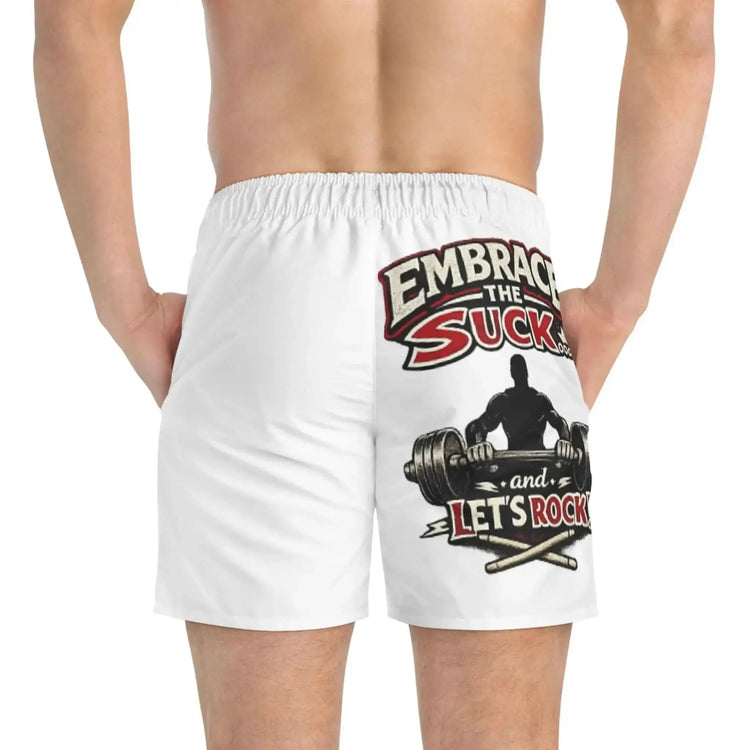 Motivational weightlifting swim shorts by Drum Addict Apparel featuring bold print and comfortable fit, designed for active swimming.