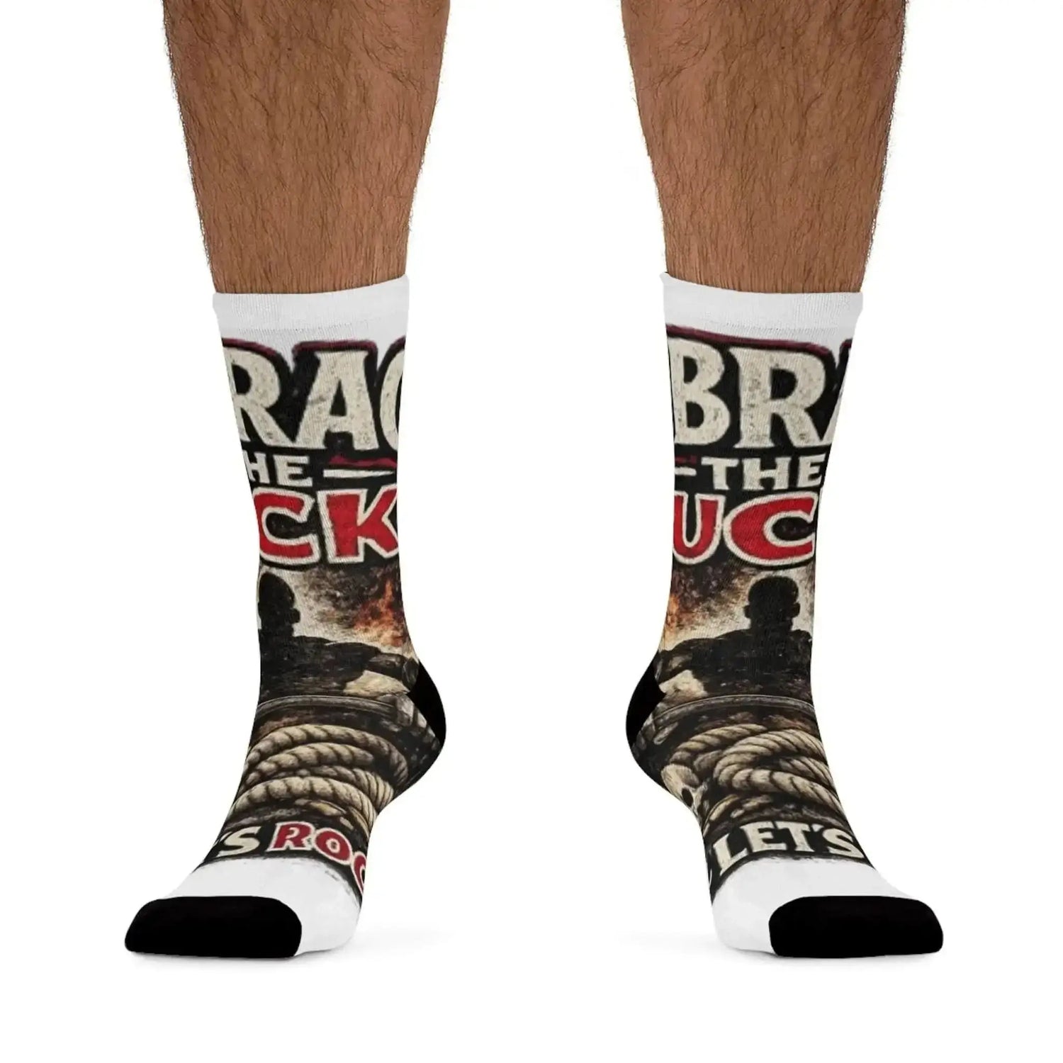 Recycled poly socks by Drum Addict Apparel featuring eco-friendly material and vibrant design, displayed on a neutral background.