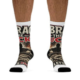 Recycled poly socks by Drum Addict Apparel featuring eco-friendly material and vibrant design, displayed on a neutral background.