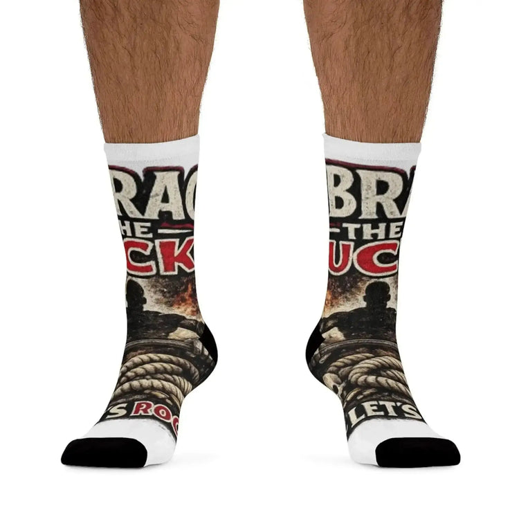 Recycled poly socks by Drum Addict Apparel featuring eco-friendly material and vibrant design, displayed on a neutral background.