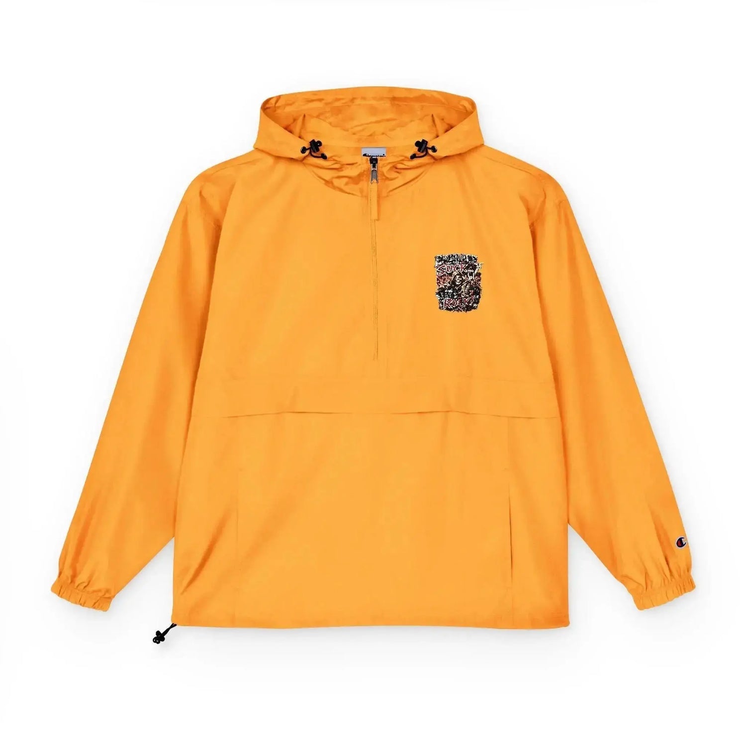 Black Champion unisex packable anorak jacket from Drum Addict Apparel by Yggdrasils Wood, shown folded and partially unfolded.