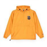 Black Champion unisex packable anorak jacket from Drum Addict Apparel by Yggdrasils Wood, shown folded and partially unfolded.